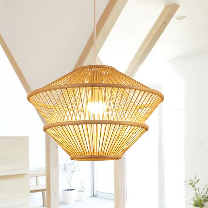 Handgebreide hanglamp Aziatische stijl Bamboe 1-lichts beige hanglamp boven eettafel Clearhalo