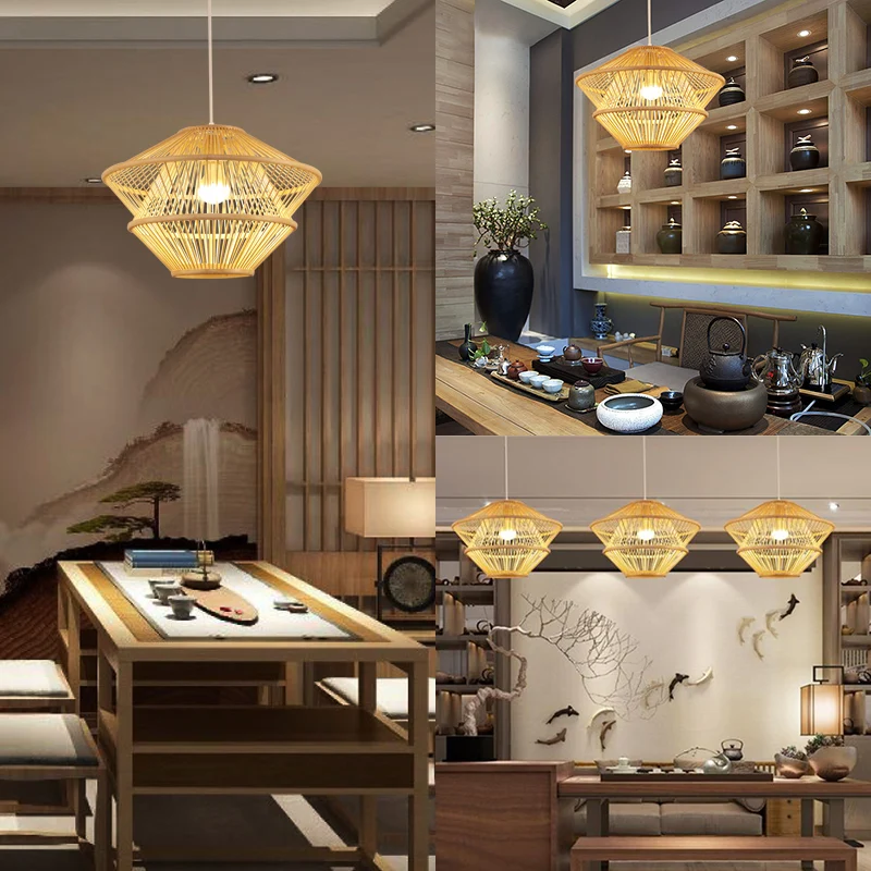 Handgebreide hanglamp Aziatische stijl Bamboe 1-lichts beige hanglamp boven eettafel Clearhalo