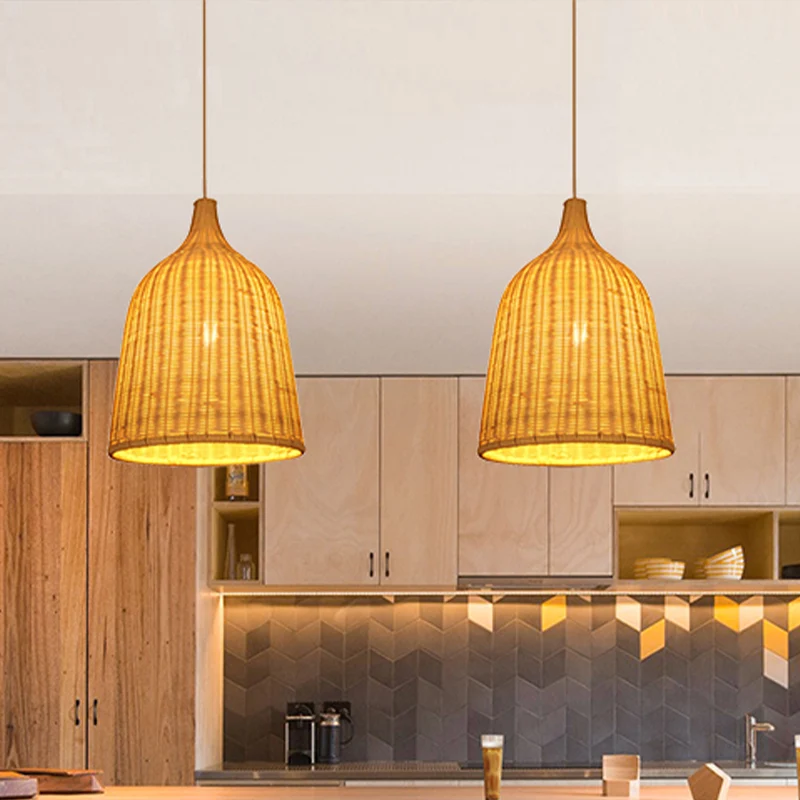 Handgemaakte bamboe emmer hanglamp Rustieke hanglamp met enkele lamp beige Clearhalo