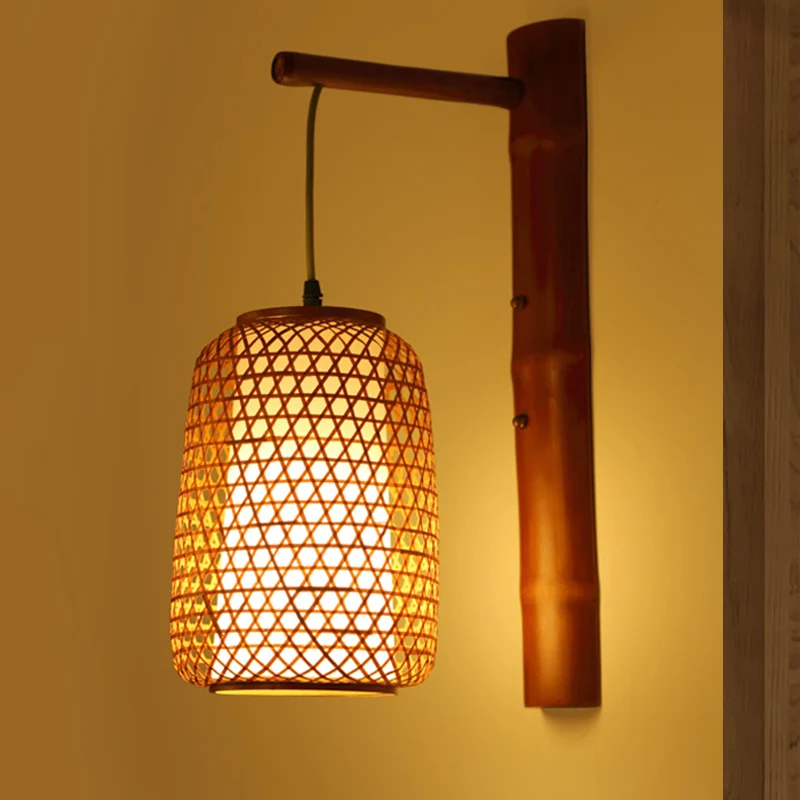 Handgemaakte bamboe schans Azië 1 lamp roodbruin wandmontage lichtarmatuur met binnenbuisvormige witte perkament kap Clear...
