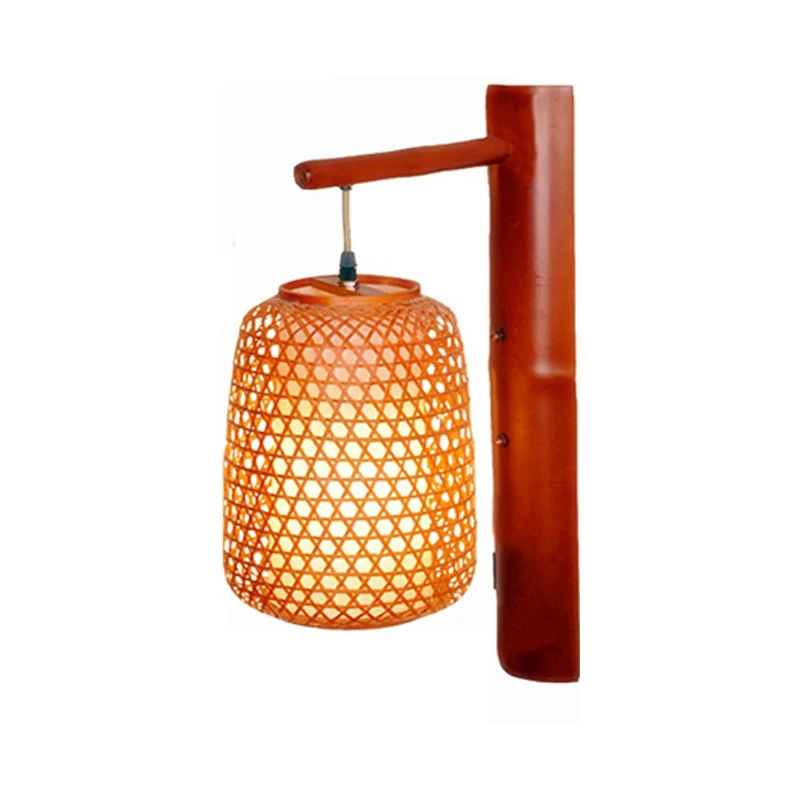 Handgemaakte bamboe schans Azië 1 lamp roodbruin wandmontage lichtarmatuur met binnenbuisvormige witte perkament kap Clear...