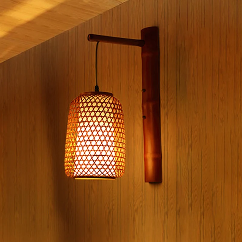 Handgemaakte bamboe schans Azië 1 lamp roodbruin wandmontage lichtarmatuur met binnenbuisvormige witte perkament kap Clear...