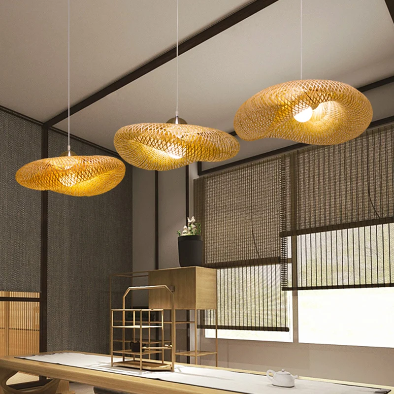 Handgemaakte hanglamp Chinese bamboe 1 kop vlassen hangende plafondlamp, 19,5"/23,5" lang Clearhalo