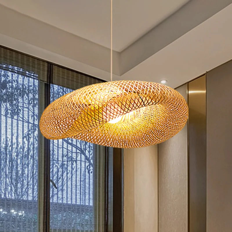 Handgemaakte hanglamp Chinese bamboe 1 kop vlassen hangende plafondlamp, 19,5"/23,5" lang Clearhalo