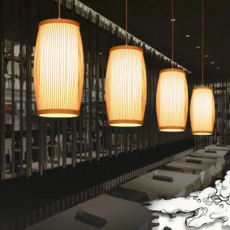 Handgemaakte hanglamp, eigentijds bamboe hanglamp met één lamp en houten ophanging Clearhalo