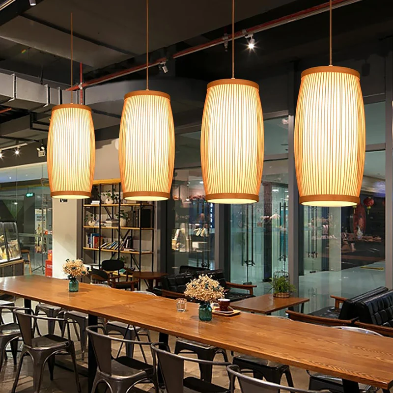 Handgemaakte hanglamp, eigentijds bamboe hanglamp met één lamp en houten ophanging Clearhalo