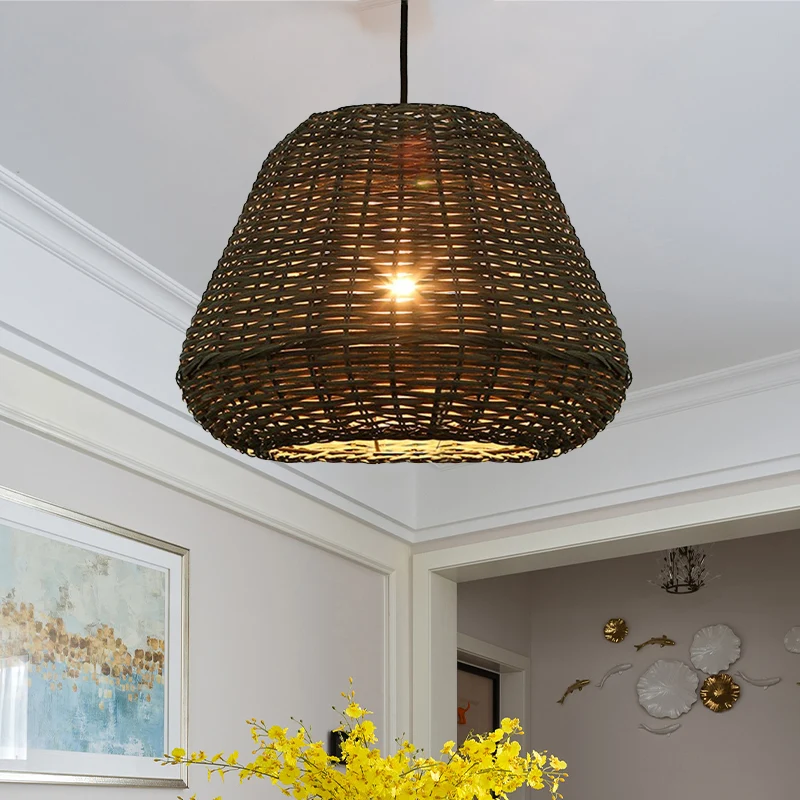 Handgemaakte rotan emmer hanger voor restaurant rustieke hanglamp met één kop bruin Clearhalo