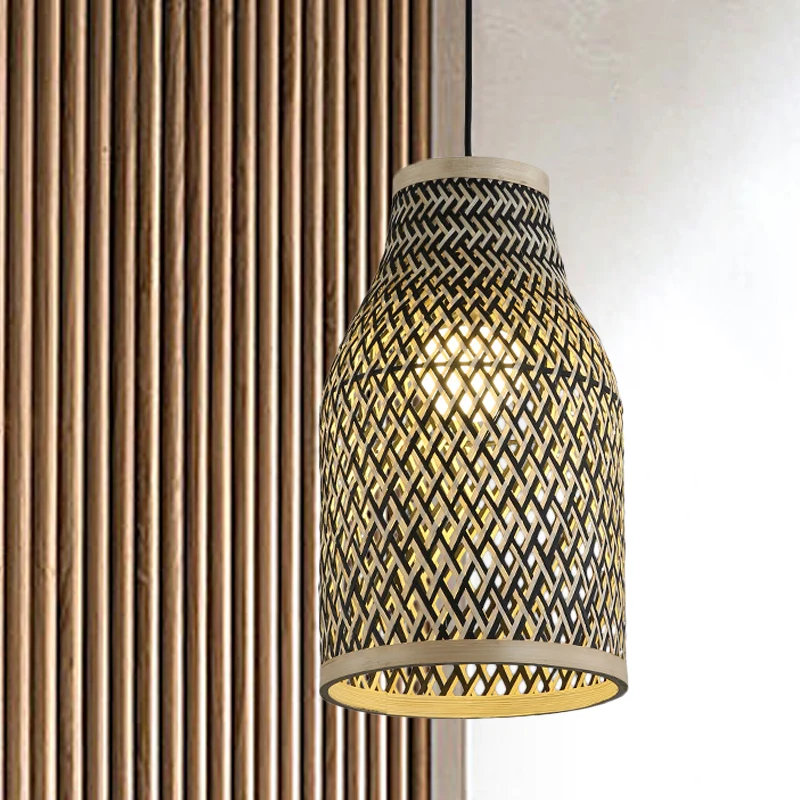 Handgeweven hanglamp Japans rotan 1-lamps plafondophanglamp zwart Clearhalo