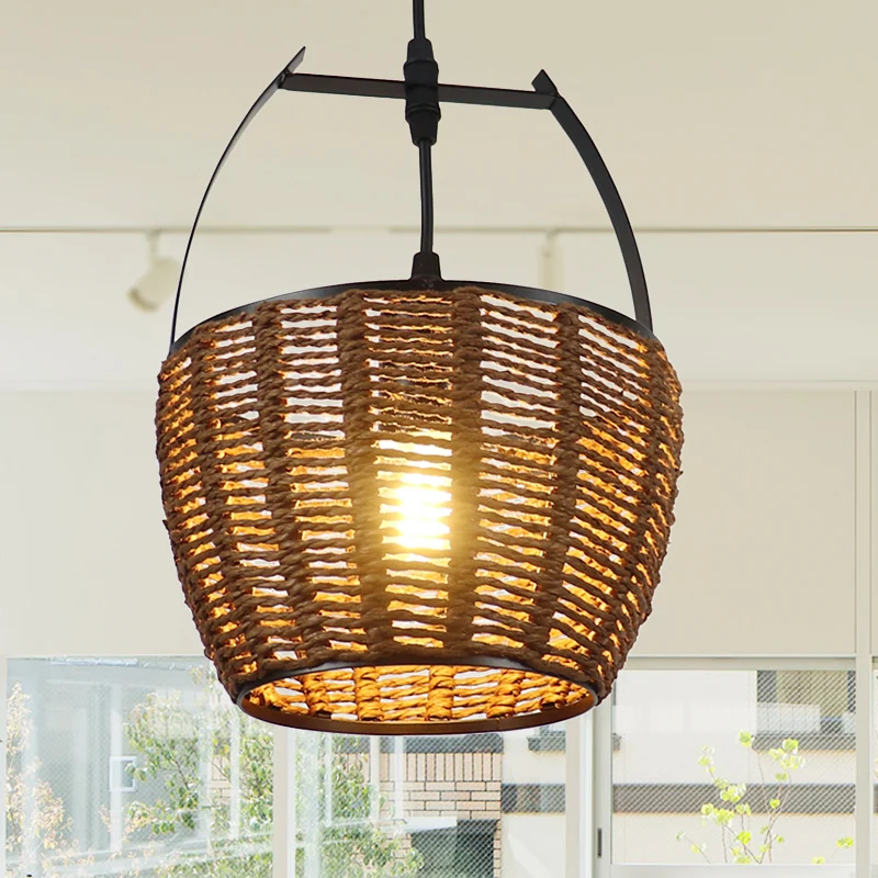 Handgeweven rotan emmer hanglamp Rustieke hanglamp met één lamp bruin voor woonkamer Clearhalo