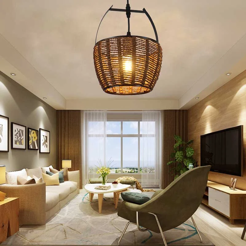Handgeweven rotan emmer hanglamp Rustieke hanglamp met één lamp bruin voor woonkamer Clearhalo