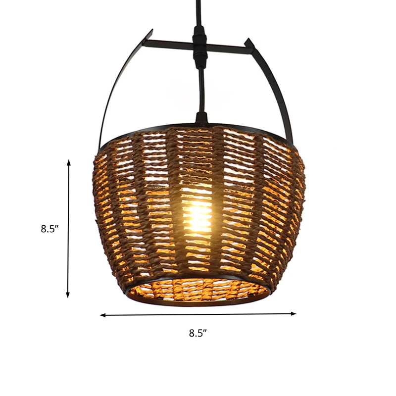 Handgeweven rotan emmer hanglamp Rustieke hanglamp met één lamp bruin voor woonkamer Clearhalo