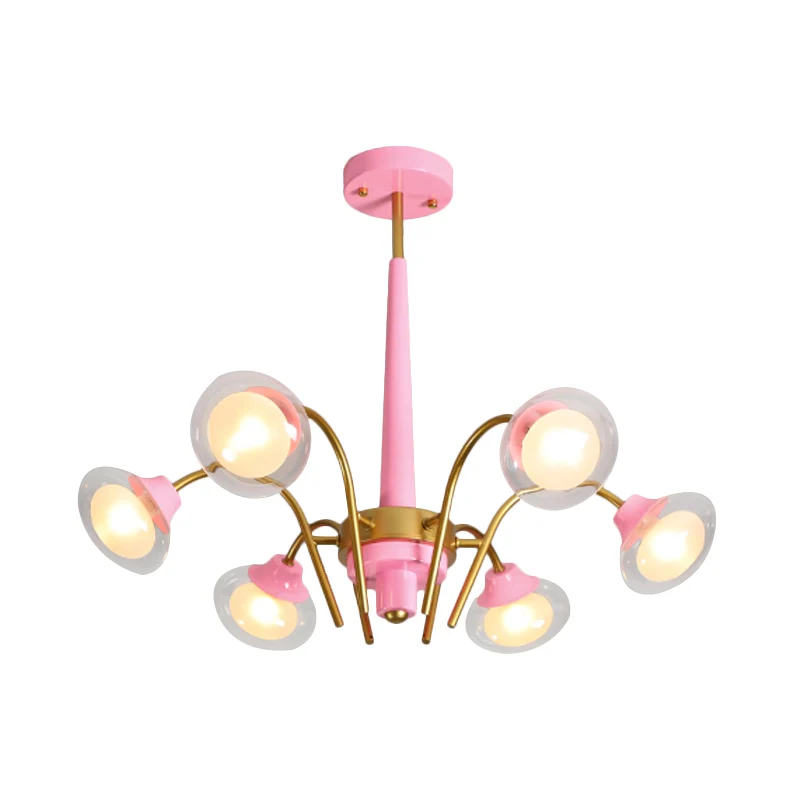 Hangende hangende kroonluchter Macaron metaal 6 lampen kinderkamer plafondhanger roze/blauw met dubbele bol glazen kap Cle...