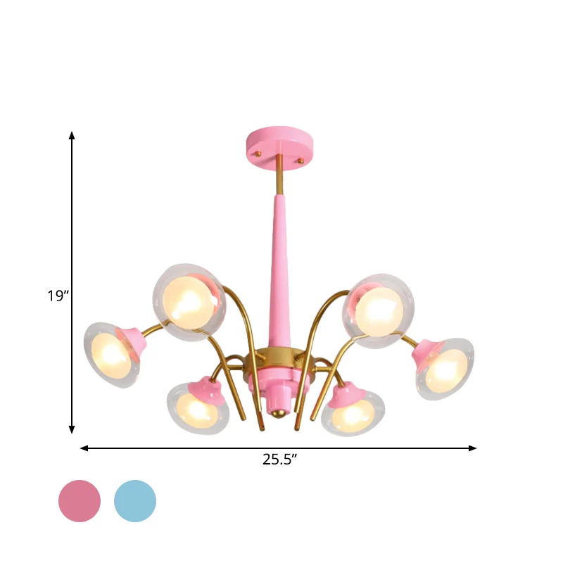 Hangende hangende kroonluchter Macaron metaal 6 lampen kinderkamer plafondhanger roze/blauw met dubbele bol glazen kap Cle...