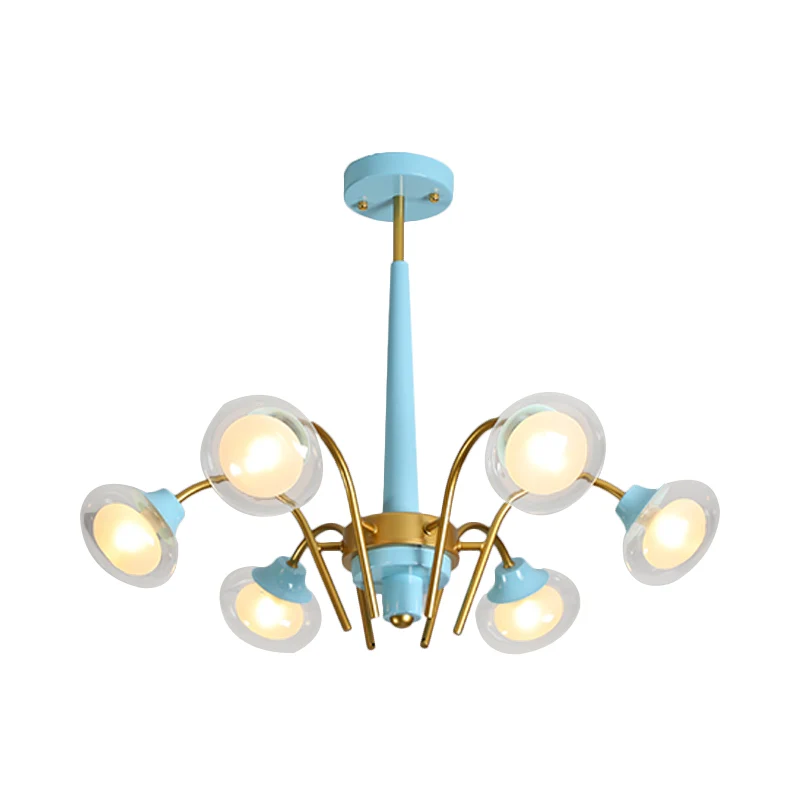 Hangende hangende kroonluchter Macaron metaal 6 lampen kinderkamer plafondhanger roze/blauw met dubbele bol glazen kap Cle...