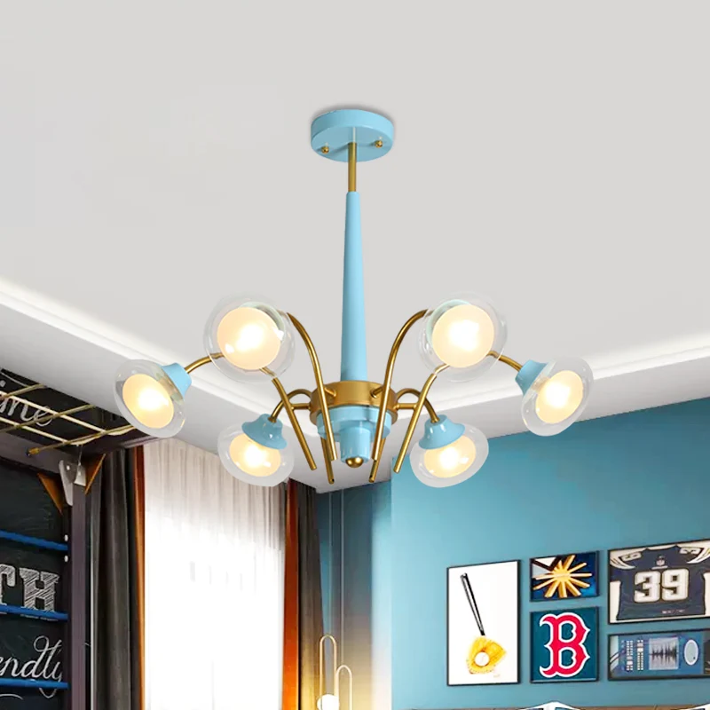 Hangende hangende kroonluchter Macaron metaal 6 lampen kinderkamer plafondhanger roze/blauw met dubbele bol glazen kap Cle...