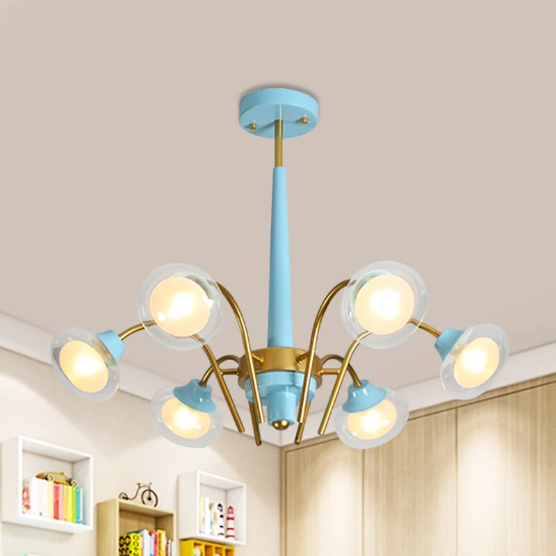 Hangende hangende kroonluchter Macaron metaal 6 lampen kinderkamer plafondhanger roze/blauw met dubbele bol glazen kap Cle...