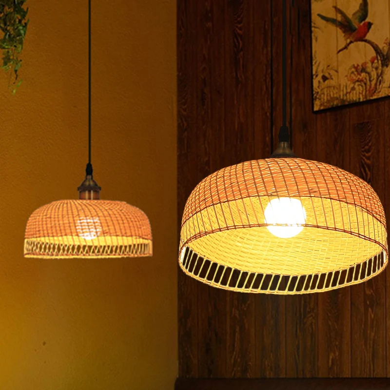 Hangende hanglamp met houten koepel, eigentijds bamboe, 1 lamp Clearhalo
