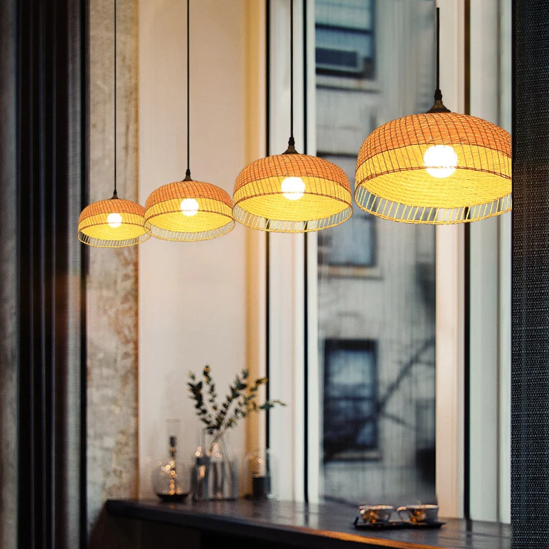 Hangende hanglamp met houten koepel, eigentijds bamboe, 1 lamp Clearhalo