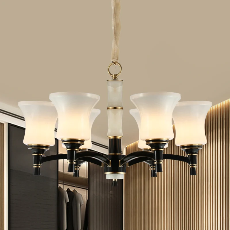 Hangende hanglamp met zwarte uitlopende schaduw, traditionele stijl, matglas, 6/8-koppige woonkamerkroonluchterlamp Clearhalo