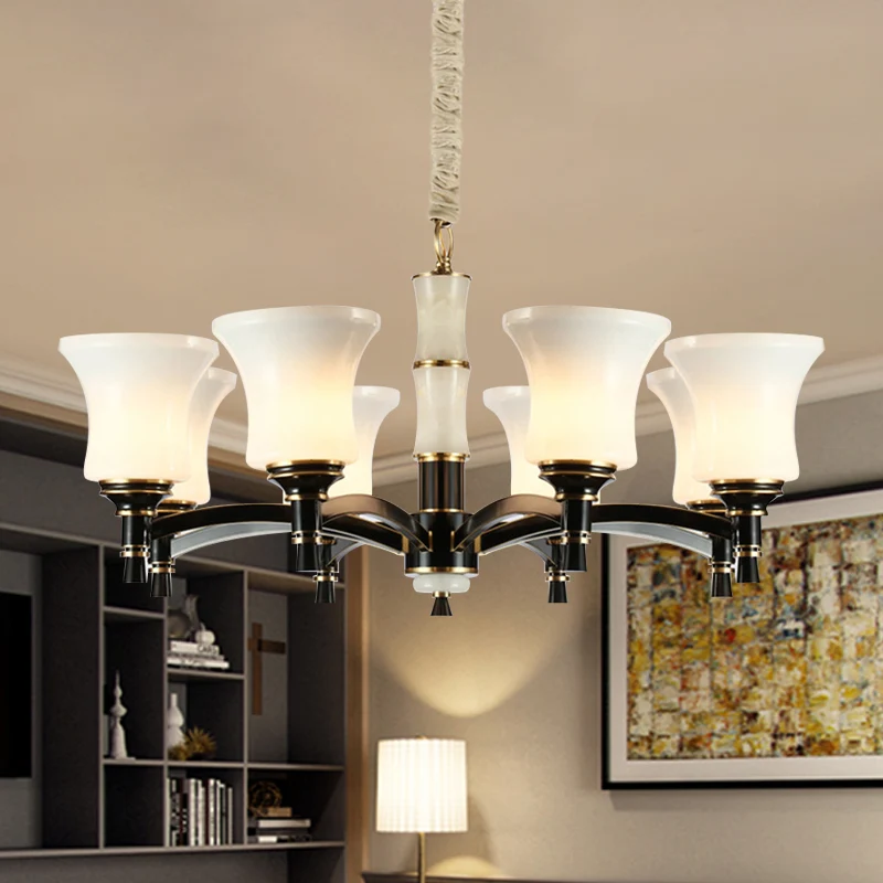 Hangende hanglamp met zwarte uitlopende schaduw, traditionele stijl, matglas, 6/8-koppige woonkamerkroonluchterlamp Clearhalo