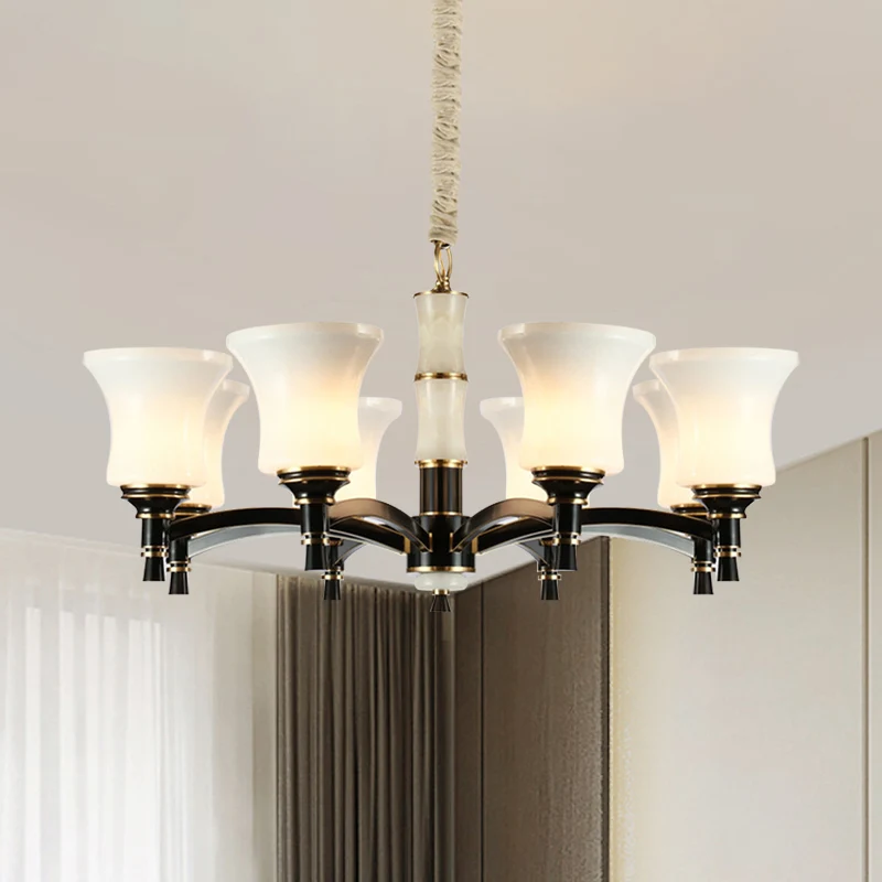 Hangende hanglamp met zwarte uitlopende schaduw, traditionele stijl, matglas, 6/8-koppige woonkamerkroonluchterlamp Clearhalo