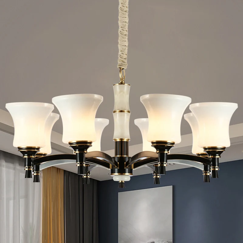 Hangende hanglamp met zwarte uitlopende schaduw, traditionele stijl, matglas, 6/8-koppige woonkamerkroonluchterlamp Clearhalo