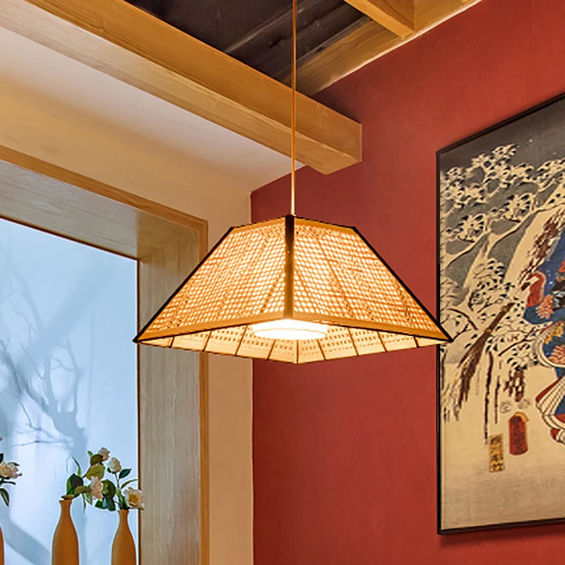 Hangende hanglamp van Aziatisch beige met 1 kop, theehuis en piramidevormige rotan kap Clearhalo