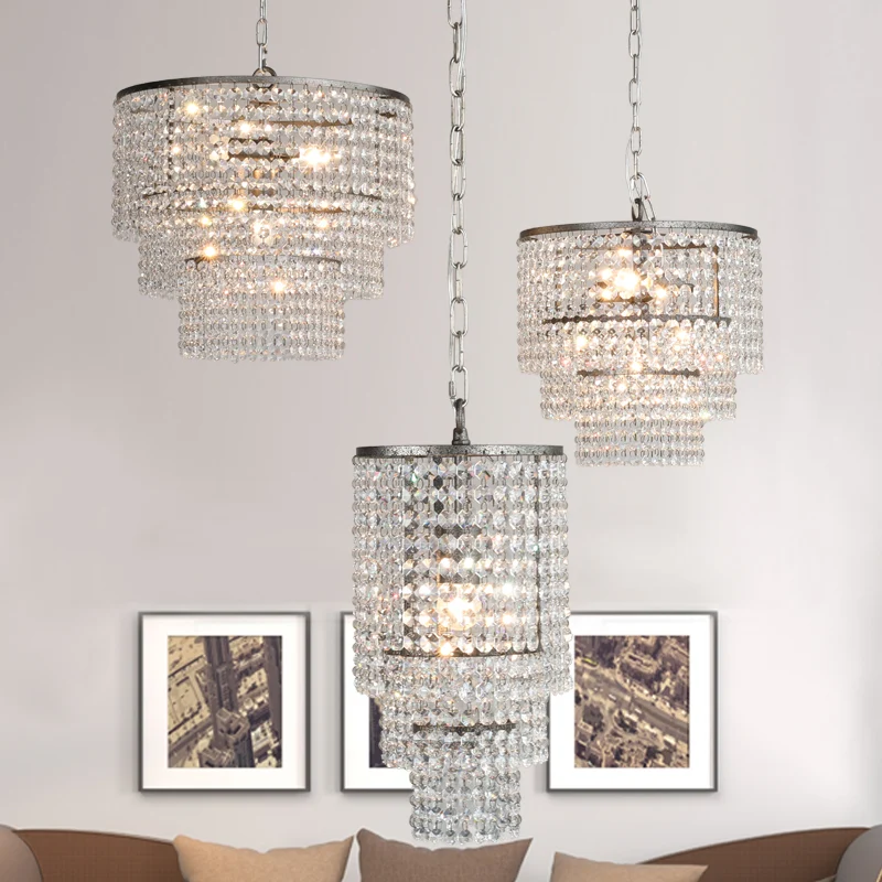 Hangende kristallen gelaagde plafondverlichting Traditionele inkomkroonluchter chroom Clearhalo