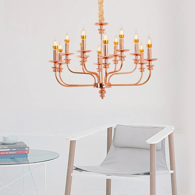 Hangende kroonluchter kaarsstijl, traditioneel metaal, 12 lampen, roségouden hangende lamp Clearhalo