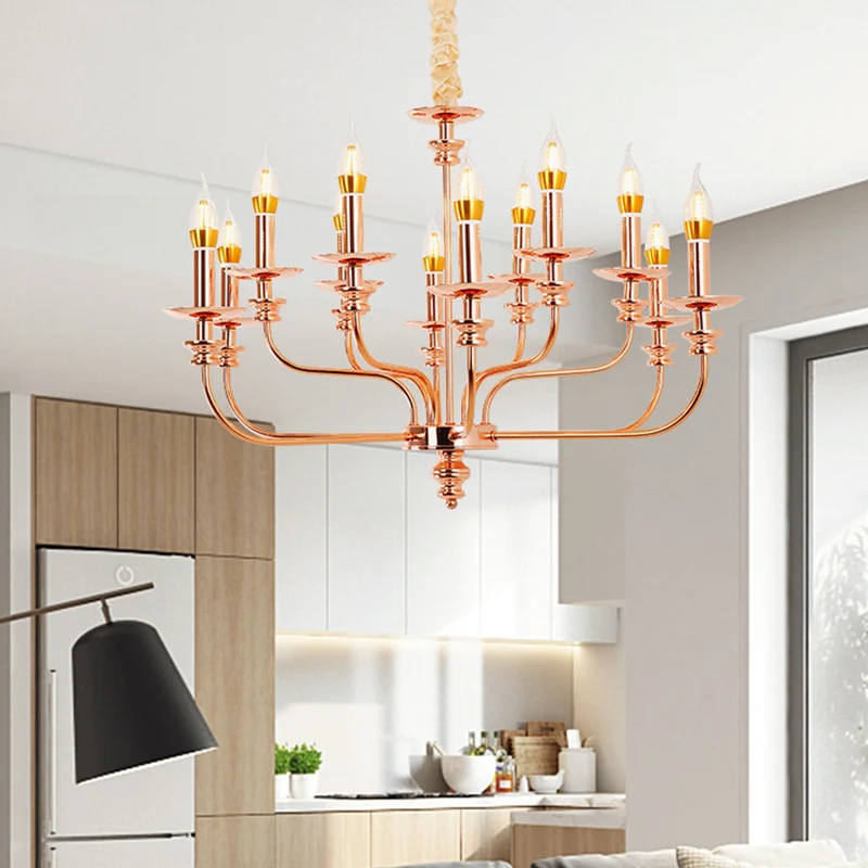 Hangende kroonluchter kaarsstijl, traditioneel metaal, 12 lampen, roségouden hangende lamp Clearhalo