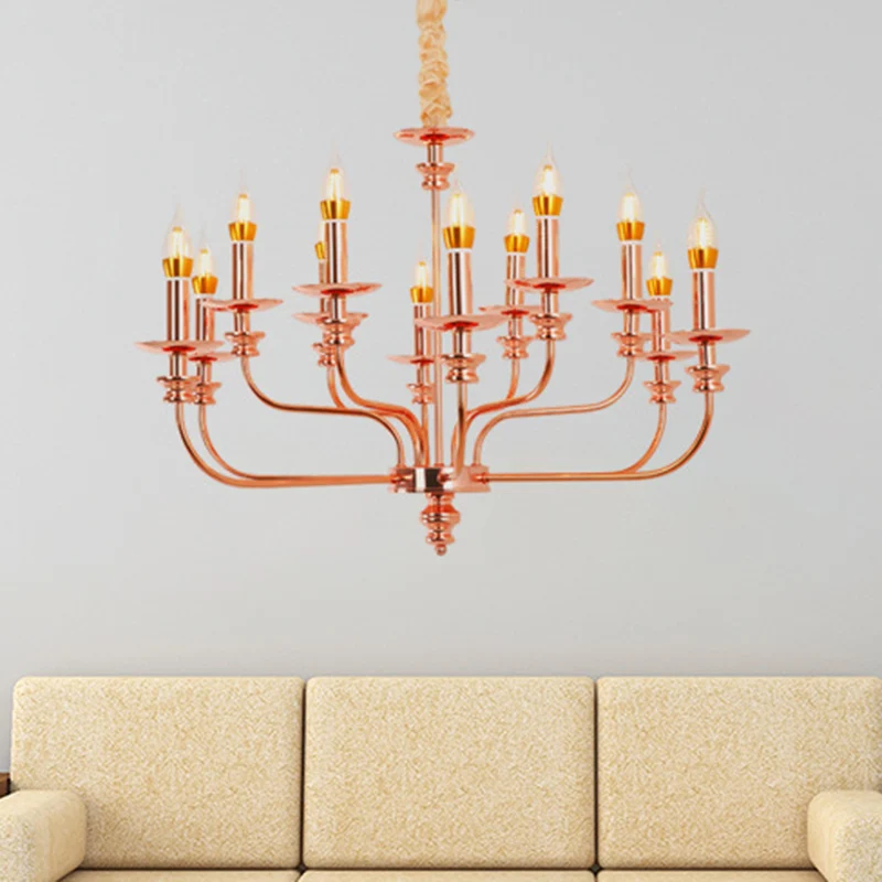 Hangende kroonluchter kaarsstijl, traditioneel metaal, 12 lampen, roségouden hangende lamp Clearhalo