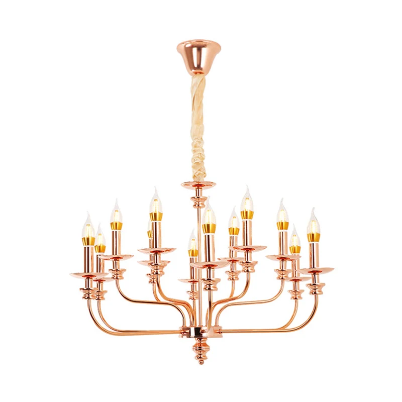Hangende kroonluchter kaarsstijl, traditioneel metaal, 12 lampen, roségouden hangende lamp Clearhalo