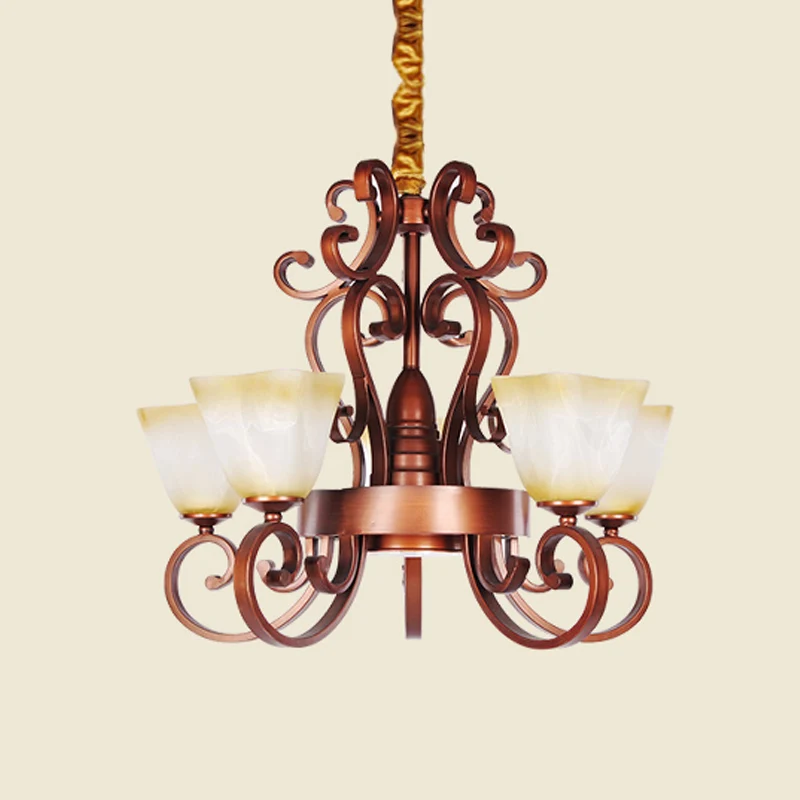 Hangende kroonluchter met 6/9 koppen Rustiek trapeziumvormig beige glas hangend plafondlicht met neerklapbare arm messing...