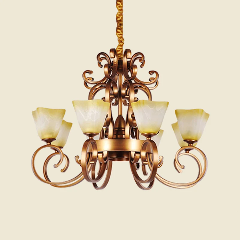 Hangende kroonluchter met 6/9 koppen Rustiek trapeziumvormig beige glas hangend plafondlicht met neerklapbare arm messing...