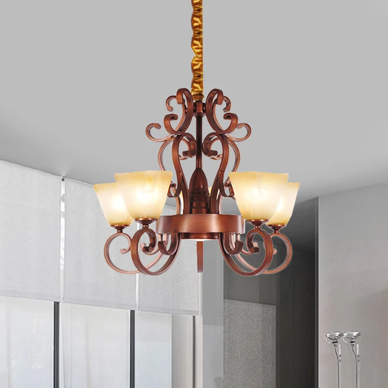 Hangende kroonluchter met 6/9 koppen Rustiek trapeziumvormig beige glas hangend plafondlicht met neerklapbare arm messing...