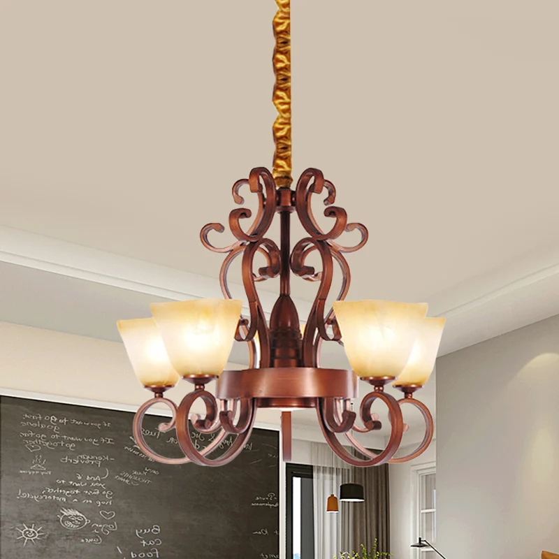 Hangende kroonluchter met 6/9 koppen Rustiek trapeziumvormig beige glas hangend plafondlicht met neerklapbare arm messing...
