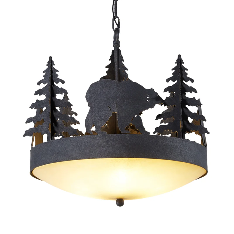 Hangende kroonluchter van matglas Landelijk 3-lichts hanglamp voor de woonkamer zwart met boom en beer Clearhalo