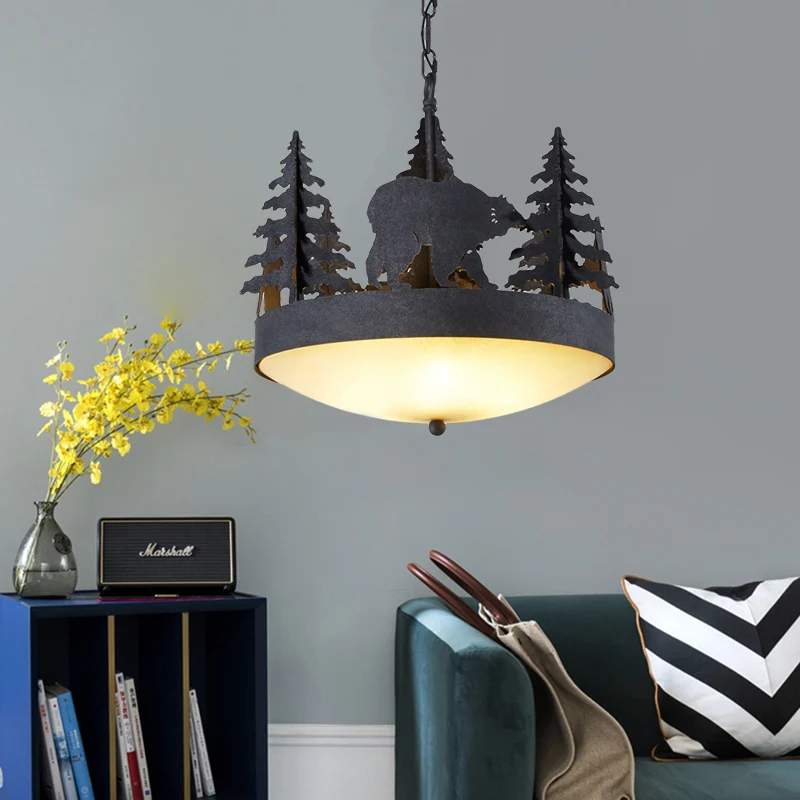 Hangende kroonluchter van matglas Landelijk 3-lichts hanglamp voor de woonkamer zwart met boom en beer Clearhalo
