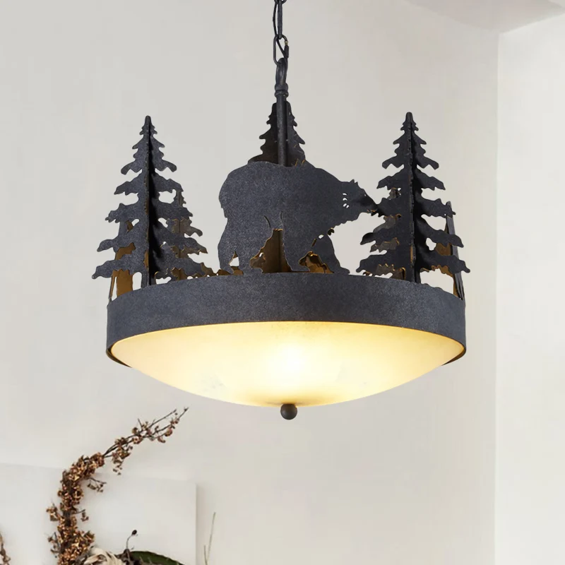 Hangende kroonluchter van matglas Landelijk 3-lichts hanglamp voor de woonkamer zwart met boom en beer Clearhalo