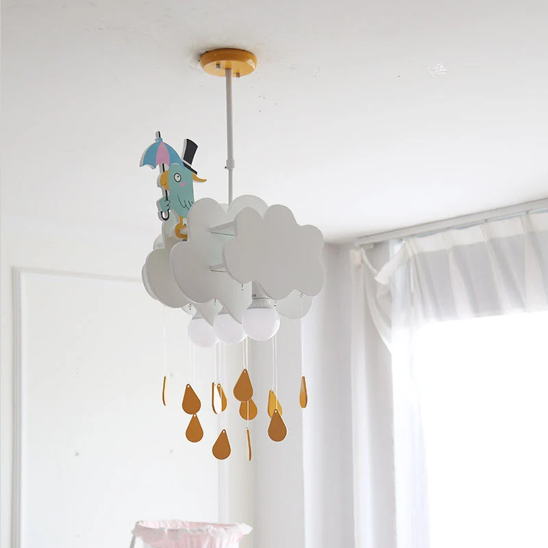 Hangende plafondlamp met 1 hoofdslaapkamer, witte kinderhanglamp met houten schaduw van wolken en vogels Clearhalo