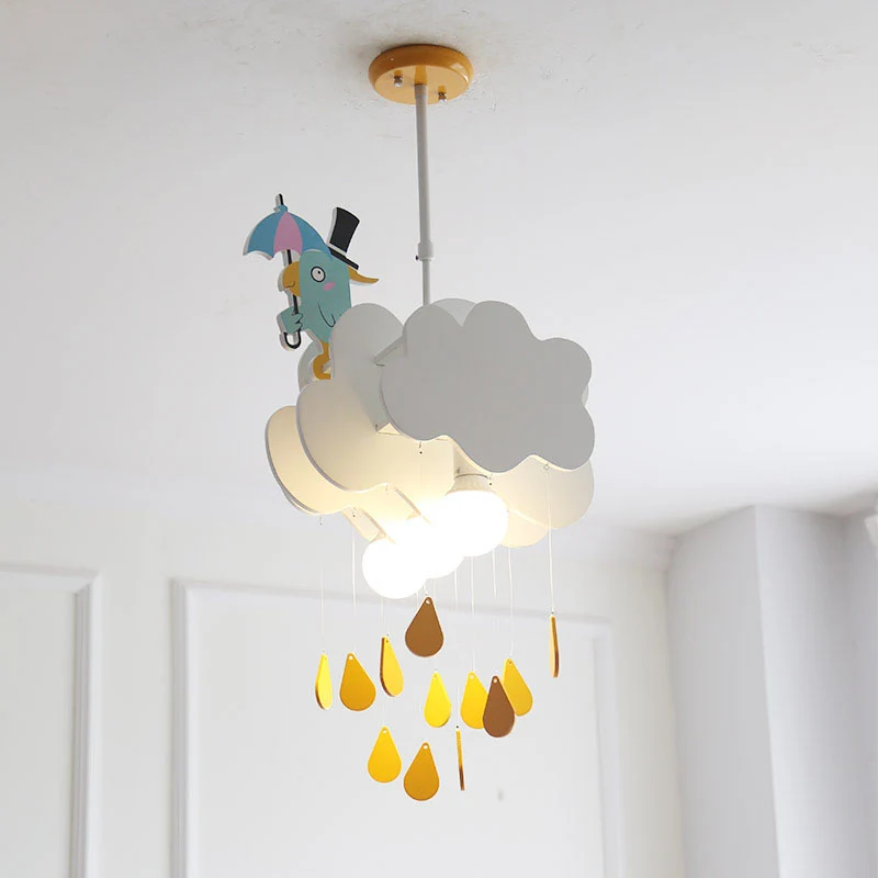 Hangende plafondlamp met 1 hoofdslaapkamer, witte kinderhanglamp met houten schaduw van wolken en vogels Clearhalo