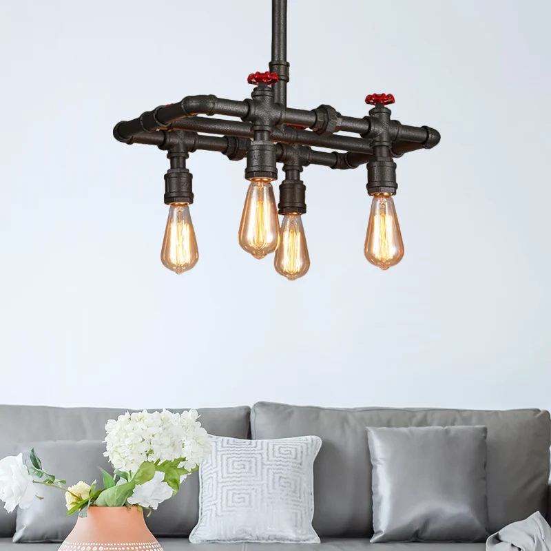 Hangende plafondlamp met ijzeren zwarte afwerking, rechthoekig frame, 4/5-lichts antieke eilandlamp boven eettafel Clearhalo