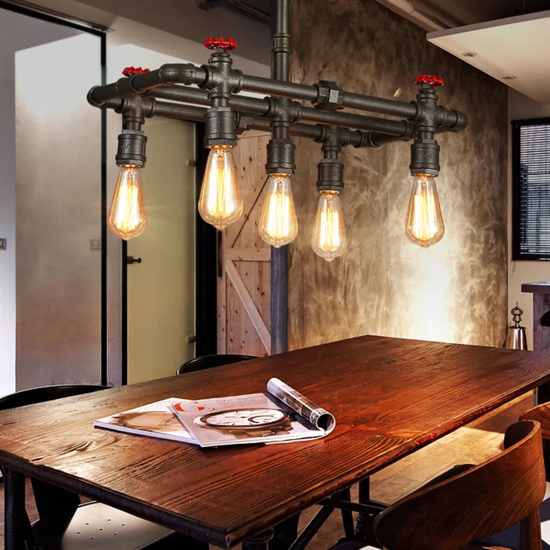 Hangende plafondlamp met ijzeren zwarte afwerking, rechthoekig frame, 4/5-lichts antieke eilandlamp boven eettafel Clearhalo