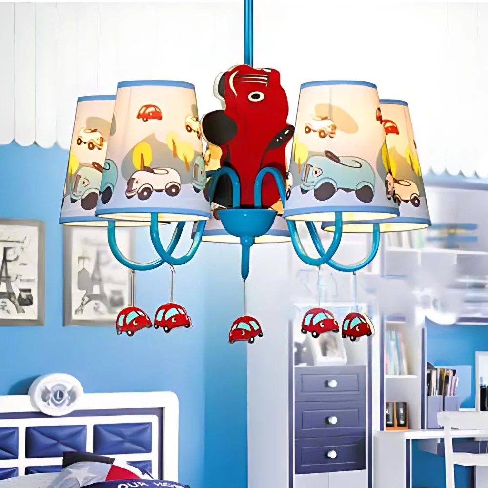 Hangende plafondlamp met taps toelopende kap voor de kleuterschool en cartoon kroonluchter van autostof blauw Clearhalo