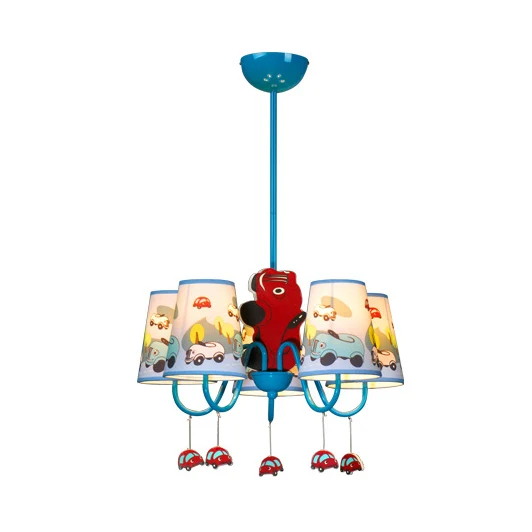 Hangende plafondlamp met taps toelopende kap voor de kleuterschool en cartoon kroonluchter van autostof blauw Clearhalo