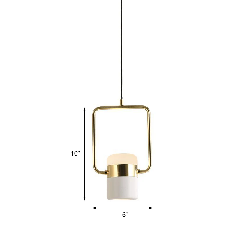 Hangende plafondlamp met vierkant frame, modern metaal, 1 kop, gouden hanglampset met cilindervormige witte glazen kap Cle...
