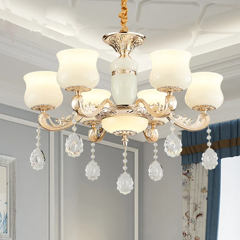 Hangende plafondlamp van imitatie-jade-urn, modernistische hangende kroonluchter met kristallen accent wit Clearhalo