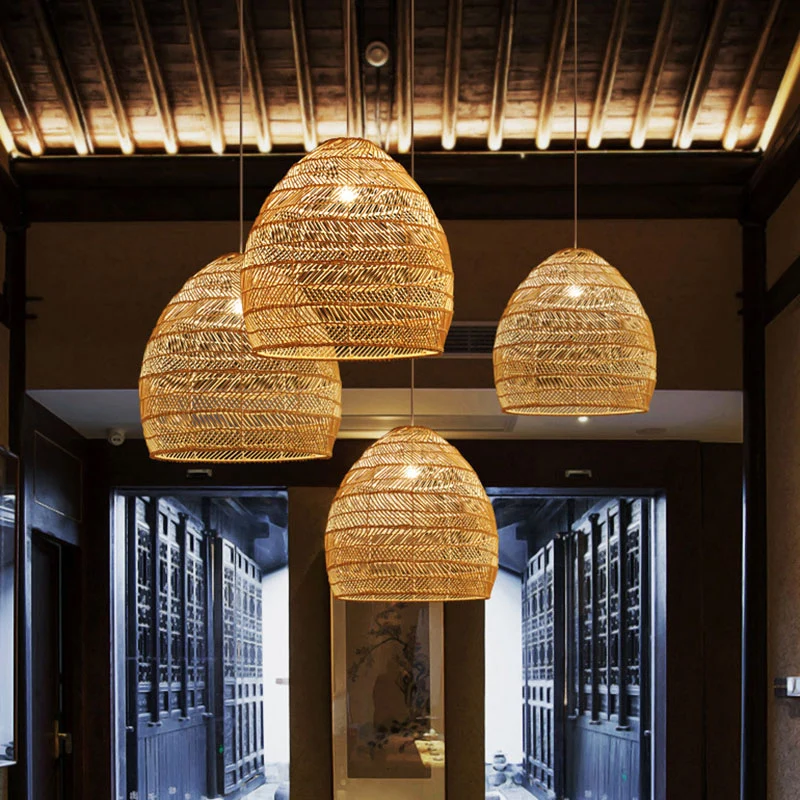 Hangende plafondlamp van rotan cloche Aziatische ophangverlichting met één lamp boven de eettafel Clearhalo
