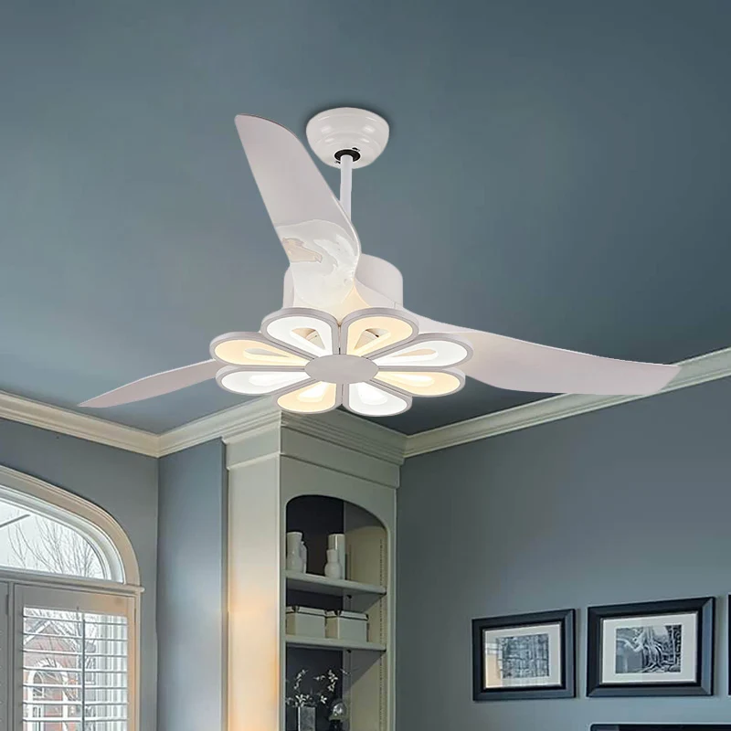 Hangende ventilator met metallic bloem, eigentijds 50 inch brede LED, wit, semi-inbouw met 3 bladen Clearhalo