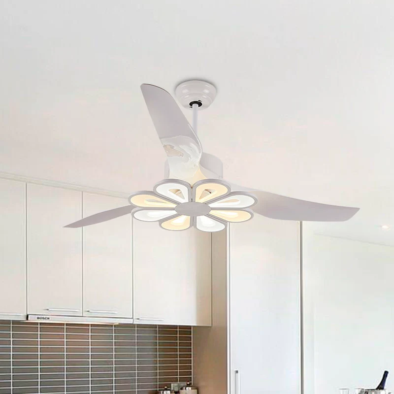Hangende ventilator met metallic bloem, eigentijds 50 inch brede LED, wit, semi-inbouw met 3 bladen Clearhalo
